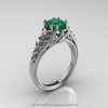 Classic French 14K White Gold 1.0 Ct Princess Emerald Diamond Lace Engagement Ring Wedding Band Set R175PS-14KWGDEM-2