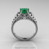 Classic French 14K White Gold 1.0 Ct Princess Emerald Diamond Lace Engagement Ring Wedding Band Set R175PS-14KWGDEM-4