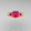 Classic French 14K Rose Gold 1.0 Ct Princess Pink Sapphire Black Diamond Lace Engagement Ring Wedding Band Set R175PS-14KRGBDPS-5