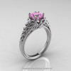 Classic French 14K White Gold 1.0 Ct Princess Light Pink Sapphire Diamond Lace Engagement Ring Wedding Band Set R175PS-14KWGDLPS-2