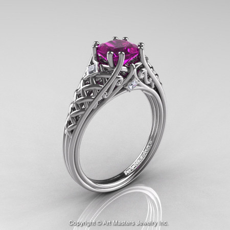 Classic French 14K White Gold 1.0 Ct Princess Amethyst Diamond Lace Engagement Ring or Wedding Ring R175P-14KWGDAM-1