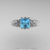 Classic French 14K White Gold 1.0 Ct Princess Aquamarine Diamond Lace Engagement Ring Wedding Band Set R175PS-14KWGDAQ-5