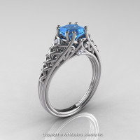 Classic French 14K White Gold 1.0 Ct Princess Blue Topaz Diamond Lace Engagement Ring Wedding Band Set R175PS-14KWGDBT-1