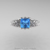 Classic French 14K White Gold 1.0 Ct Princess Blue Topaz Diamond Lace Engagement Ring Wedding Band Set R175PS-14KWGDBT-3
