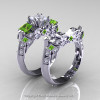 Classic 14K White Gold Three Stone Princess White Sapphire Peridot Diamond Solitaire Engagement Ring Wedding Band Set R500S-14KWGDPEWS-2