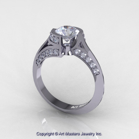 Modern French 14K White Gold 1.0 Ct White Sapphire Diamond Engagement Ring Wedding Ring R376-14KWGDWS-1
