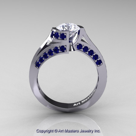Modern French 14K White Gold 1.0 Ct White Sapphire Blue Sapphire Engagement Ring Wedding Ring R376-14KWGBSWS-1