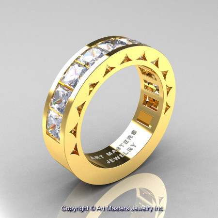 Mens Modern 14K Yellow Gold Princess White Sapphire Channel Cluster Wedding Ring R274-14KYGWS-1