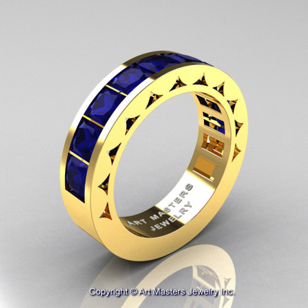 Mens Modern 14K Yellow Gold Princess Blue Sapphire Channel Cluster Wedding Ring R274-14KYGBS-1