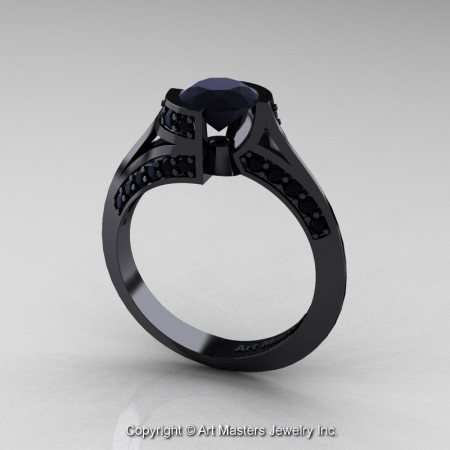 Modern French 14K Black Gold 1.0 Ct Black Diamond Engagement Ring Wedding Ring R376-14KBGBD-1