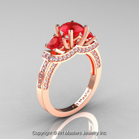Exclusive French 18K Rose Gold Three Stone Rubies Diamond Engagement Ring Wedding Ring R182-18KRGDR-1