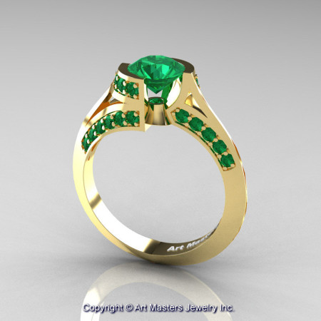 Modern French 14K Yellow Gold 1.0 Ct Emerald Engagement Ring Wedding Ring R376-14KYGEM-1