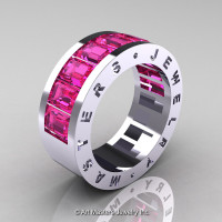 Mens Modern 14K White Gold Pink Sapphire Channel Cluster Wedding Band R174RM-14WGPS-1