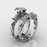 Art Masters Caravaggio 14K White Gold 1.0 Ct White Sapphire Diamond Engagement Ring Wedding Band Set R623S-14KWGDWS-1