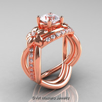 Nature Inspired 14K Rose Gold 1.0 Ct White Sapphire Diamond Leaf and Vine Wedding Ring Set R180S-14KRGDWS-1