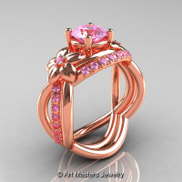 Nature Inspired 14K Rose Gold 1.0 Ct Light Pink Sapphire Leaf and Vine Wedding Ring Set R180S-14KRGLPS-1