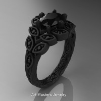 Art Masters Nature Inspired 14K Black Gold 1.0 Ct Oval Black Diamond Leaf and Vine Solitaire Ring R267-14KBGBD-1