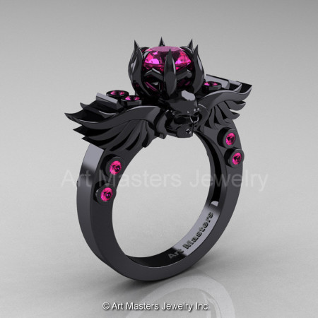 Art Masters Classic Winged Skull 14K Black Gold 1.0 Ct Pink Diamond Solitaire Engagement Ring R613-14KBGPD-1