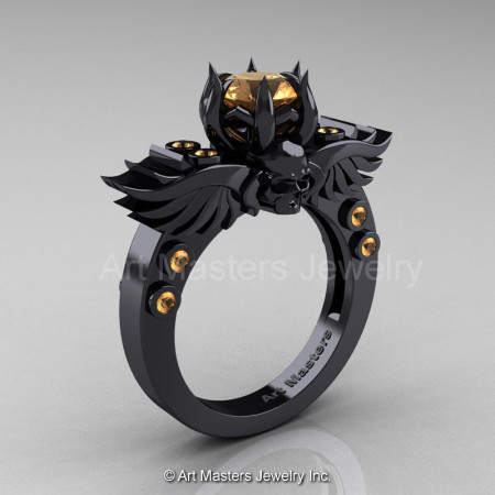 Art Masters Classic Winged Skull 14K Black Gold 1.0 Ct Peach Sapphire Solitaire Engagement Ring R613-14KBGPES-1