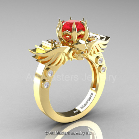 Art Masters Classic Winged Skull 14K Yellow Gold 1.0 Ct Firecracker Ruby Diamond Solitaire Engagement Ring R613-14KYGDR-1