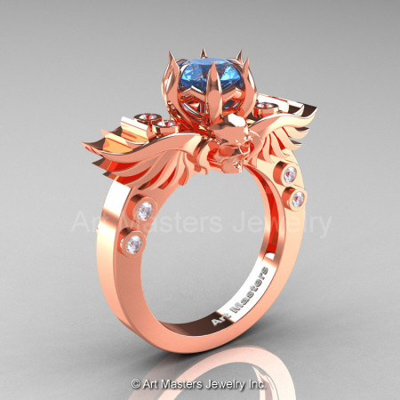 Art Masters Classic Winged Skull 14K Rose Gold 1.0 Ct Blue Topaz Diamond Solitaire Engagement Ring R613-14KRGDBT-1