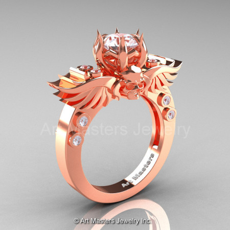 Art Masters Classic Winged Skull 14K Rose Gold 1.0 Ct White Sapphire Diamond Solitaire Engagement Ring R613-14KRGDWS-1