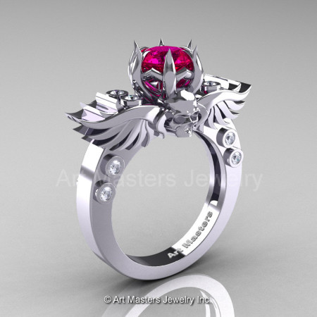 Art Masters Classic Winged Skull 14K White Gold 1.0 Ct Rose Ruby Diamond Solitaire Engagement Ring R613-14KWGDRR-1
