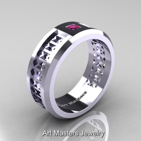 Art Masters Mens Modern 10K White Gold Princess Pink Sapphire Wedding Band R384BM-10KWGPS-1