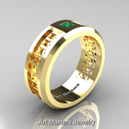 Art Masters Mens Modern 10K Yellow Gold Princess Emerald Wedding Band R384BM-10KYGEM-1