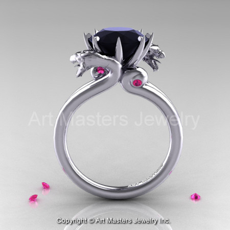 Art Masters Scandinavian 14K White Gold 3.0 Ct Black Diamond Pink Sapphire Dragon Engagement Ring R601-14KWGPSBD-1