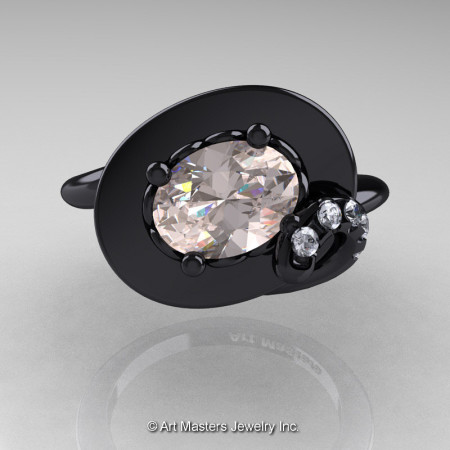 Art Nouveau 14K Black Gold 1.0 Ct Oval Morganite Diamond Nature Inspired Engagement Ring R296-14KBGDMO-1