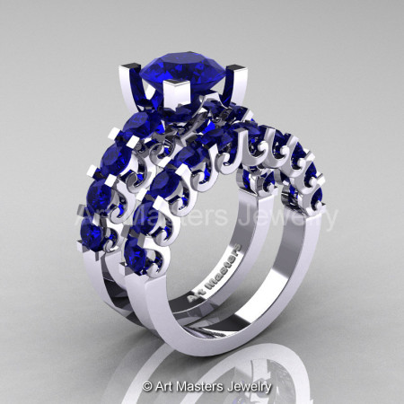 Modern Vintage 14K White Gold 3.0 Ct Blue Sapphire Designer Wedding Ring Bridal Set R142S-14KWGBS-1
