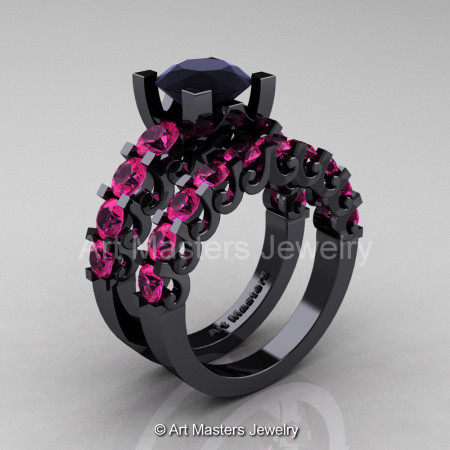 Modern Vintage 14K Black Gold 3.0 Ct Black Diamond Pink Sapphire Designer Wedding Ring Bridal Set R142S-14KBGPSBD-1