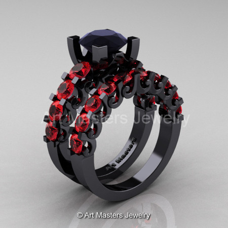 Modern Vintage 14K Black Gold 3.0 Ct Black Diamond Rubies Designer Wedding Ring Bridal Set R142S-14KBGRBD-1