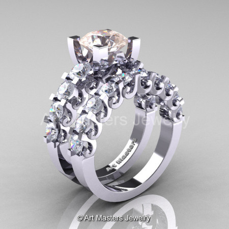 Modern Vintage 14K White Gold 3.0 Ct Morganite White Sapphire Designer Wedding Ring Bridal Set R142S-14KWGWSMO-1