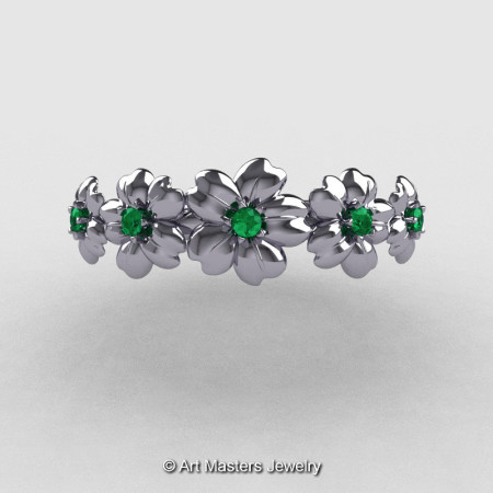 Summer Collection 14K White Gold Emerald Five Petal Flower Wedding Band NN109B-14KWGEM-1