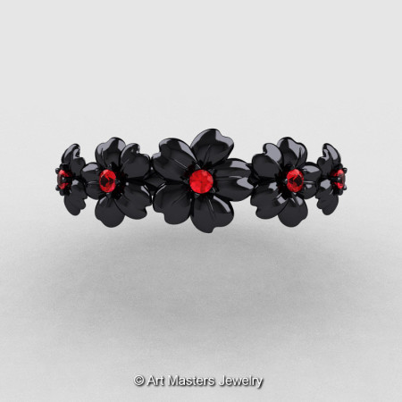 Summer Collection 14K Black Gold Rubies Five Petal Flower Wedding Band NN109B-14KBGR-1