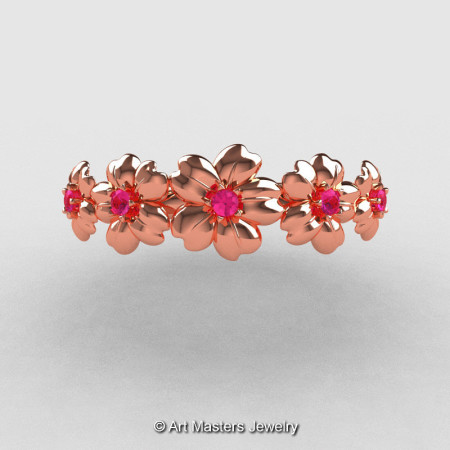 Summer Collection 14K Rose Gold Pink Sapphire Five Petal Flower Wedding Band NN109B-14KRGPS-1