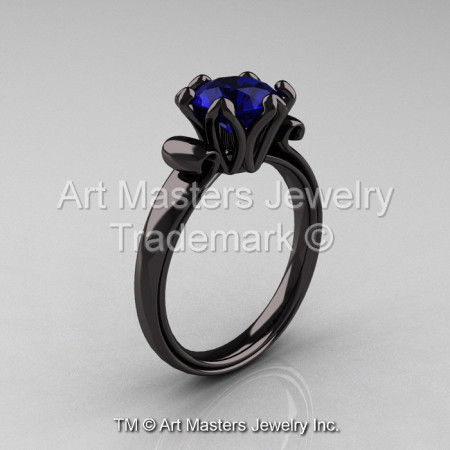 Modern Antique 14K Black Gold 1.5 Carat Blue Sapphire Solitaire Engagement Ring AR127-14KBGBS-1