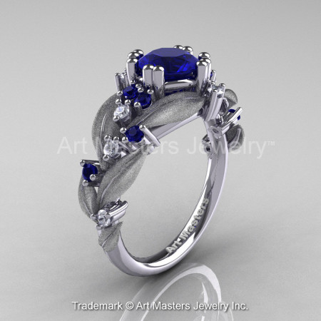 Nature Classic 14K White Gold 1.0 Ct Royal Blue Sapphire Diamond Leaf and Vine Engagement Ring R340S-14KWGDBS-1