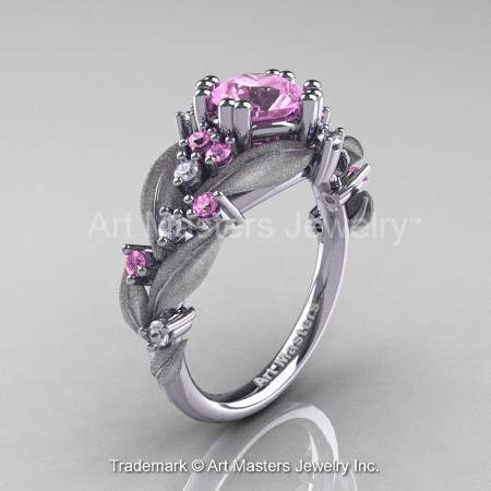 Nature Classic 14K White Gold 1.0 Ct Light Pink Sapphire Diamond Leaf and Vine Engagement Ring R340S-14KWGDLPS-1
