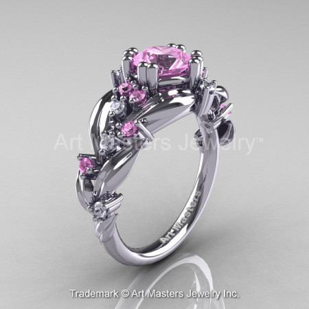 Nature Classic 14K White Gold 1.0 Ct Light Pink Sapphire Diamond Leaf and Vine Engagement Ring R340-14KWGDLPS-1