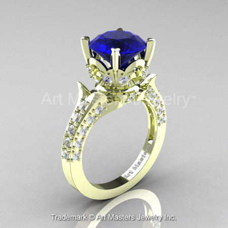 Classic French 14K Green Gold 3.0 Ct Royal Blue Sapphire Diamond Solitaire Wedding Ring R401-14KGRGDBS-1