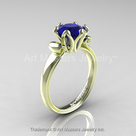 Modern Antique 14K Green Gold 1.5 Carat Royal Blue Sapphire Solitaire Engagement Ring AR127-14KGRGBS-1