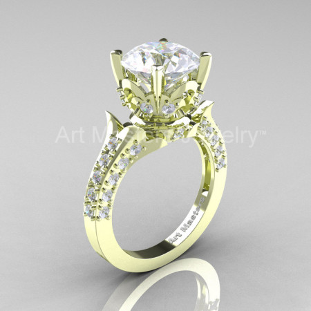Classic French 14K Green Gold 3.0 Ct White Sapphire Diamond Solitaire Wedding Ring R401-14KGRGDWS-1