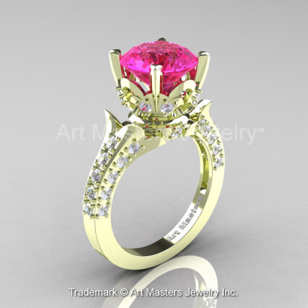 Classic French 14K Green Gold 3.0 Ct Pink Sapphire Diamond Solitaire Wedding Ring R401-14KGRGDPS-1