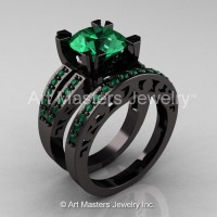 Modern Vintage 14K Black Gold 3.0 Carat Emerald Solitaire and Wedding Ring Bridal Set R102S-14KBGEM-1