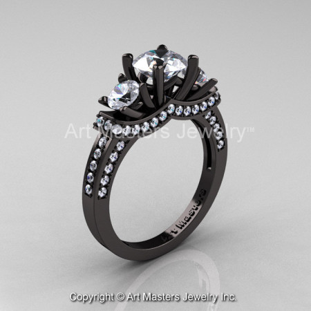 French 14K Black Gold Three Stone Russian CZ Diamond Wedding Ring Engagement Ring R182-14KBGDCZ-1