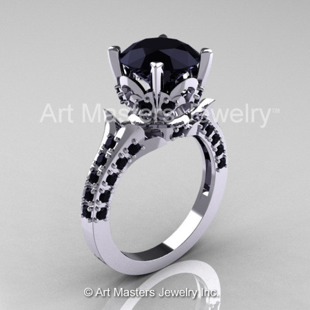 Classic French 10K White Gold 3.0 Carat Black Diamond Solitaire Wedding Ring R401-10KWGBD-1