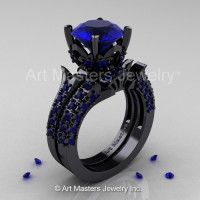 14K Black Gold French Vintage 3.0 Ct Blue Sapphire Solitaire and Wedding Ring Bridal Set R401S-14KBBS-1